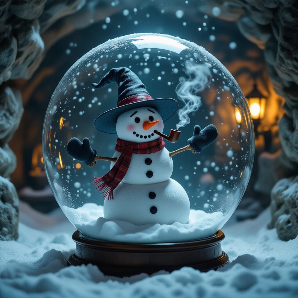 Snowman in Witch Hat Trapped in Snow Globe
