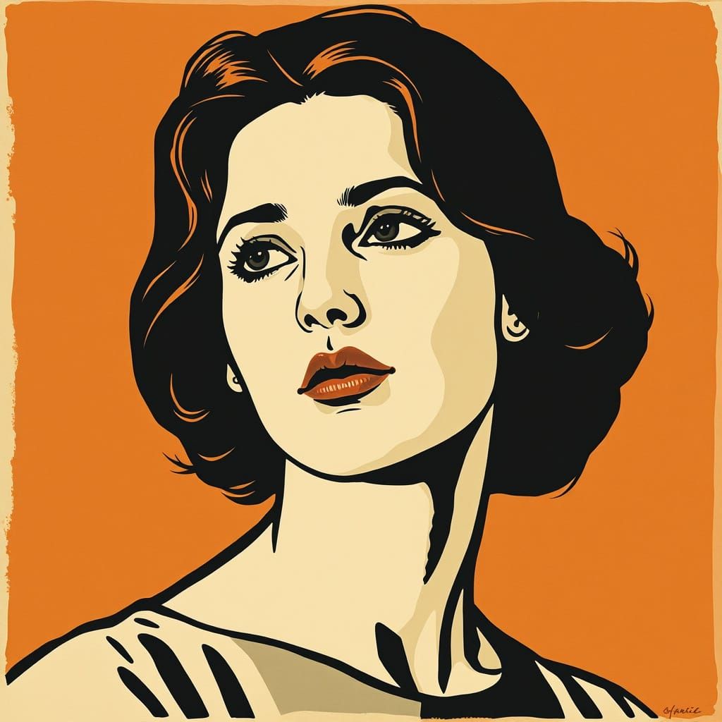 Young Woman Lost in Thought, Linocut Style