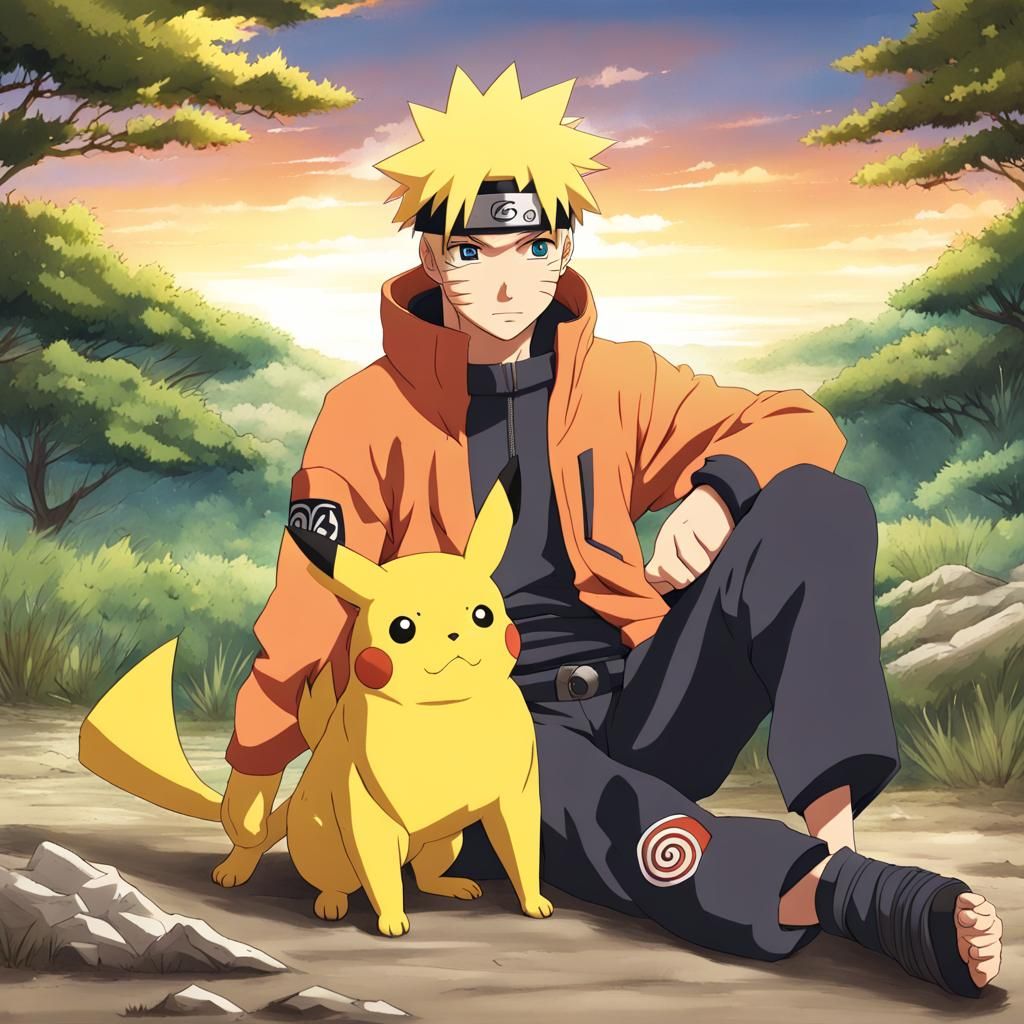 Naruto and Pikachu at Sunset, Anime Style