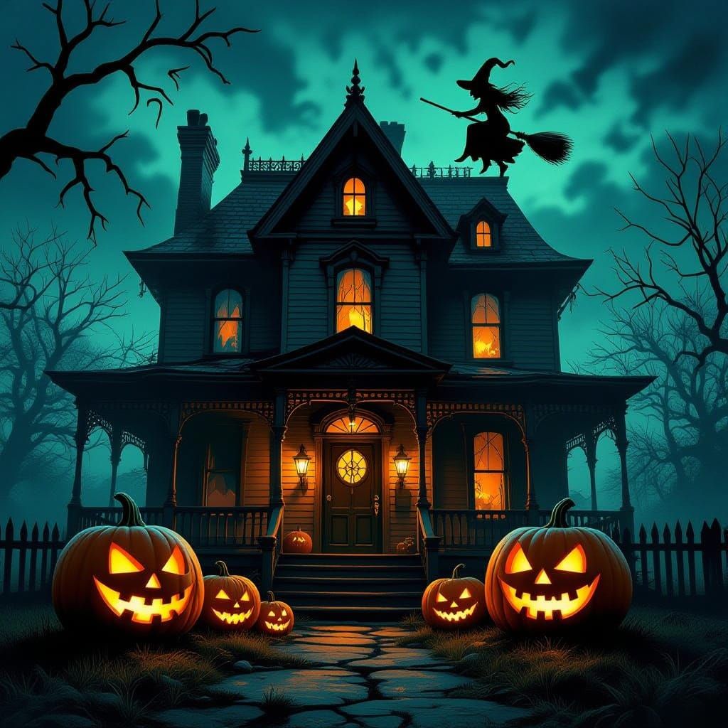 Haunted Victorian House with Grinning Pumpkins and Witch