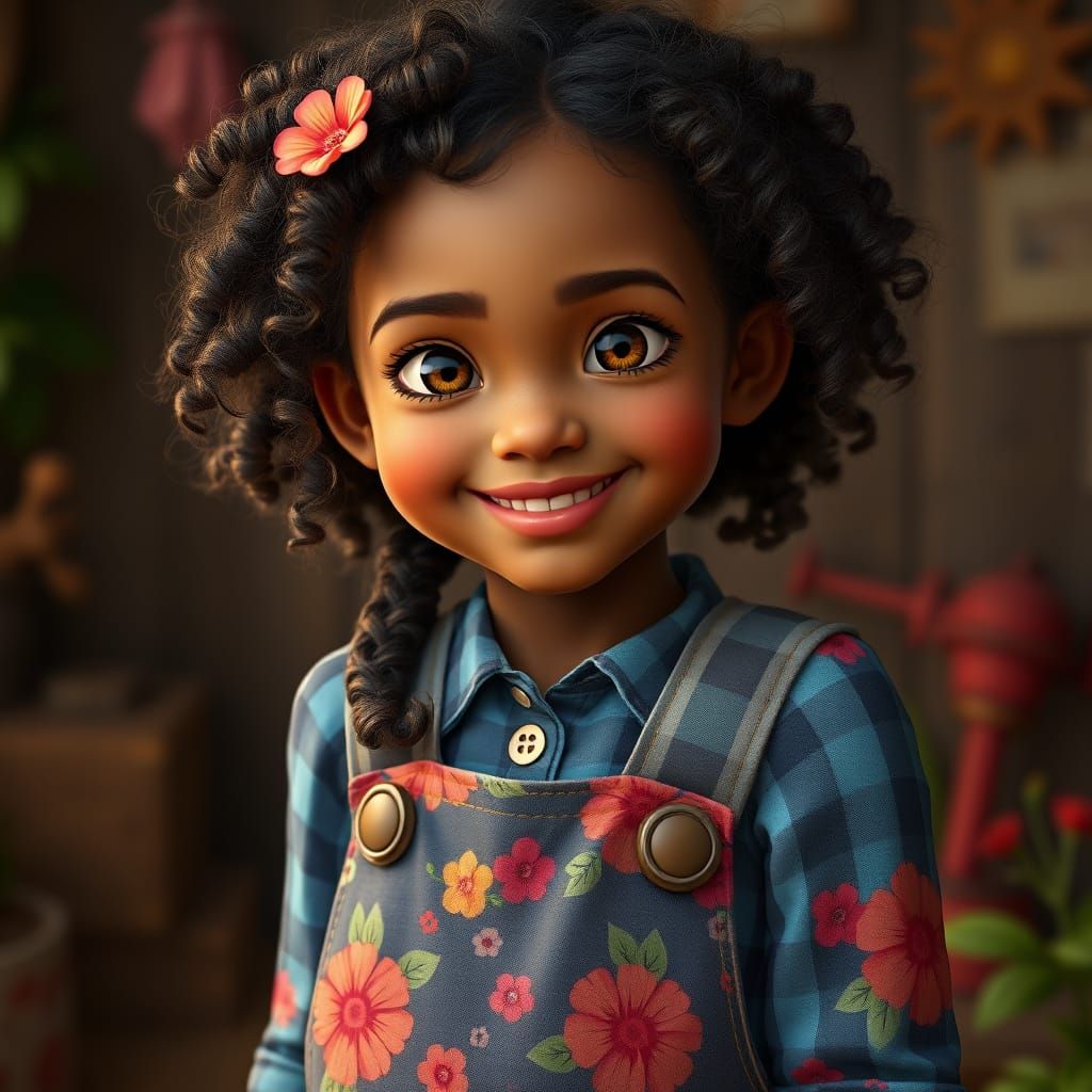 Whimsical Girl in Floral Overalls, Rendered in Detailed Matt...