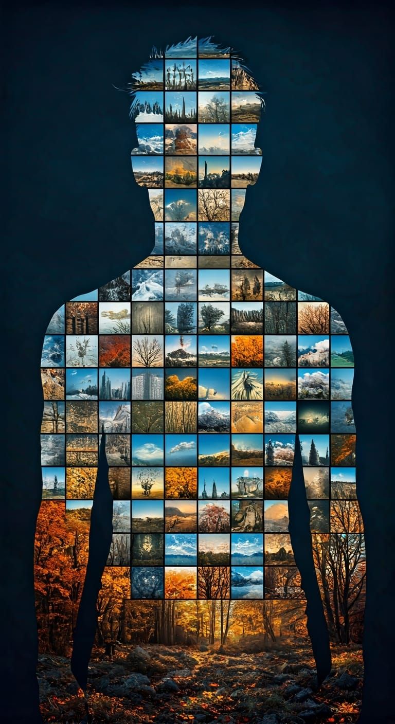 Photo Mosaic of Life Memories in Double Exposure