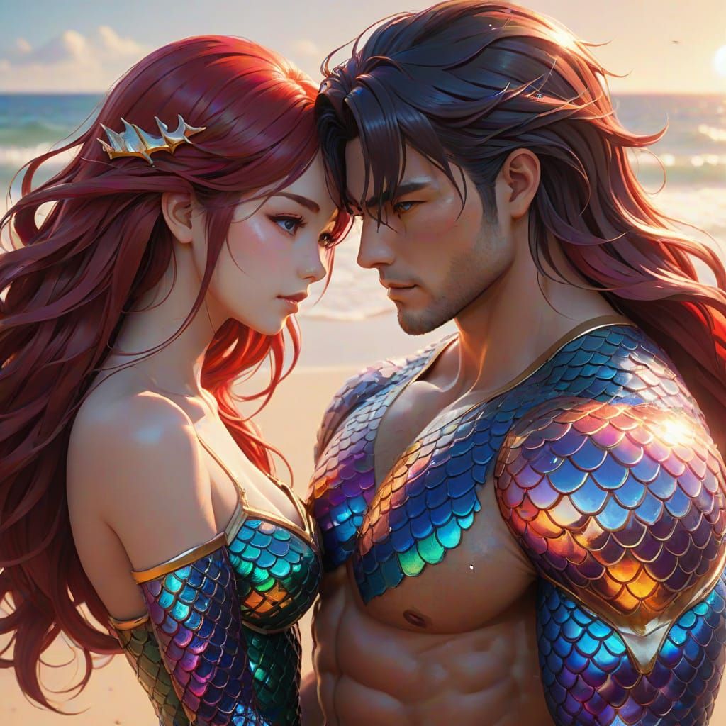 Mermaid and Man on Beach in Anime Style