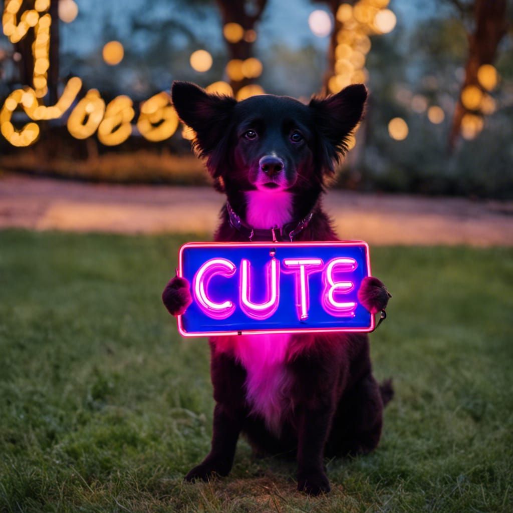 Dog Holding a Neon 'CUTE' Sign