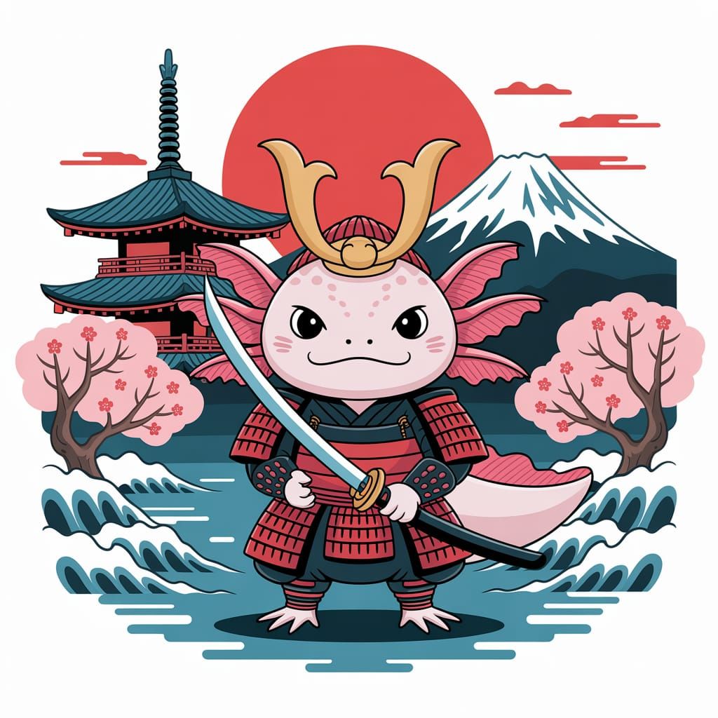 Axolotl Samurai Warrior in Japanese Landscape