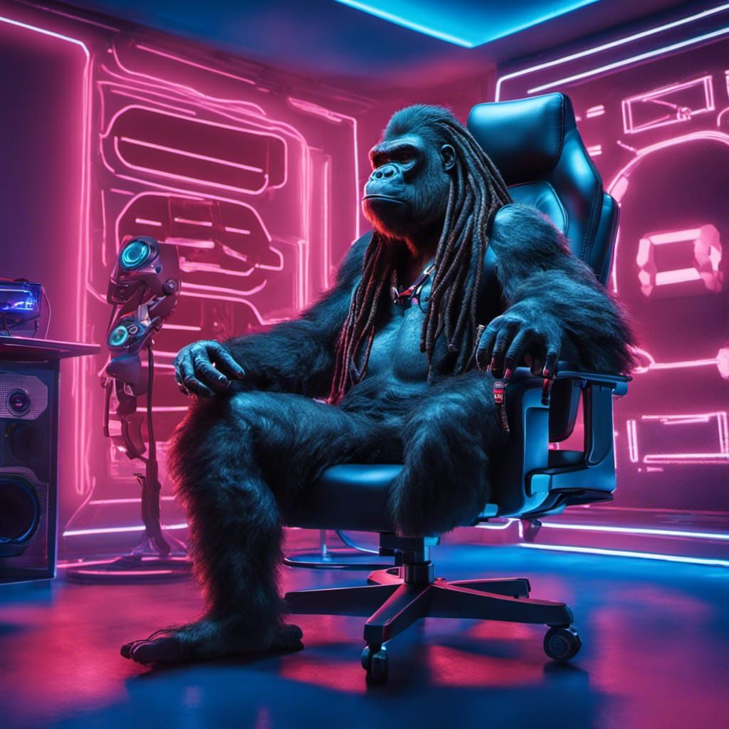 Gaming Gorilla with Dreadlocks in Neon Room