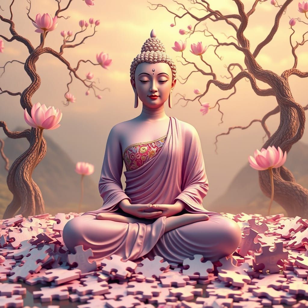 Serene Female Buddha in Whimsical, Dreamlike Scene