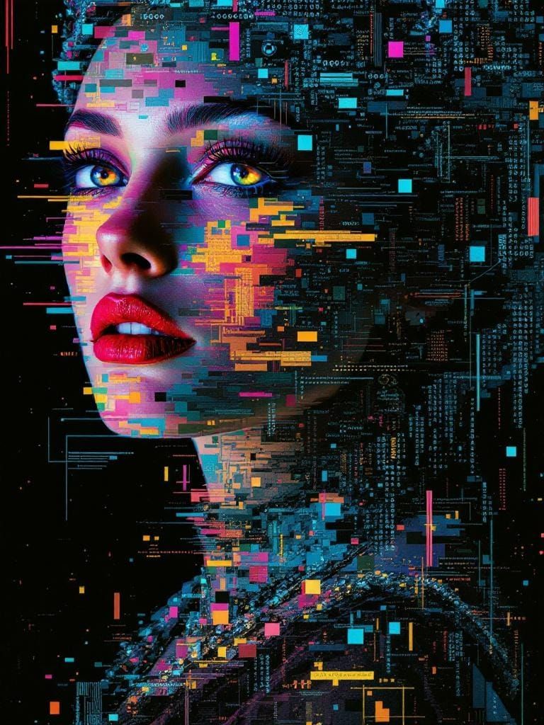 Regal Queen Portrait in Glitch Art Style