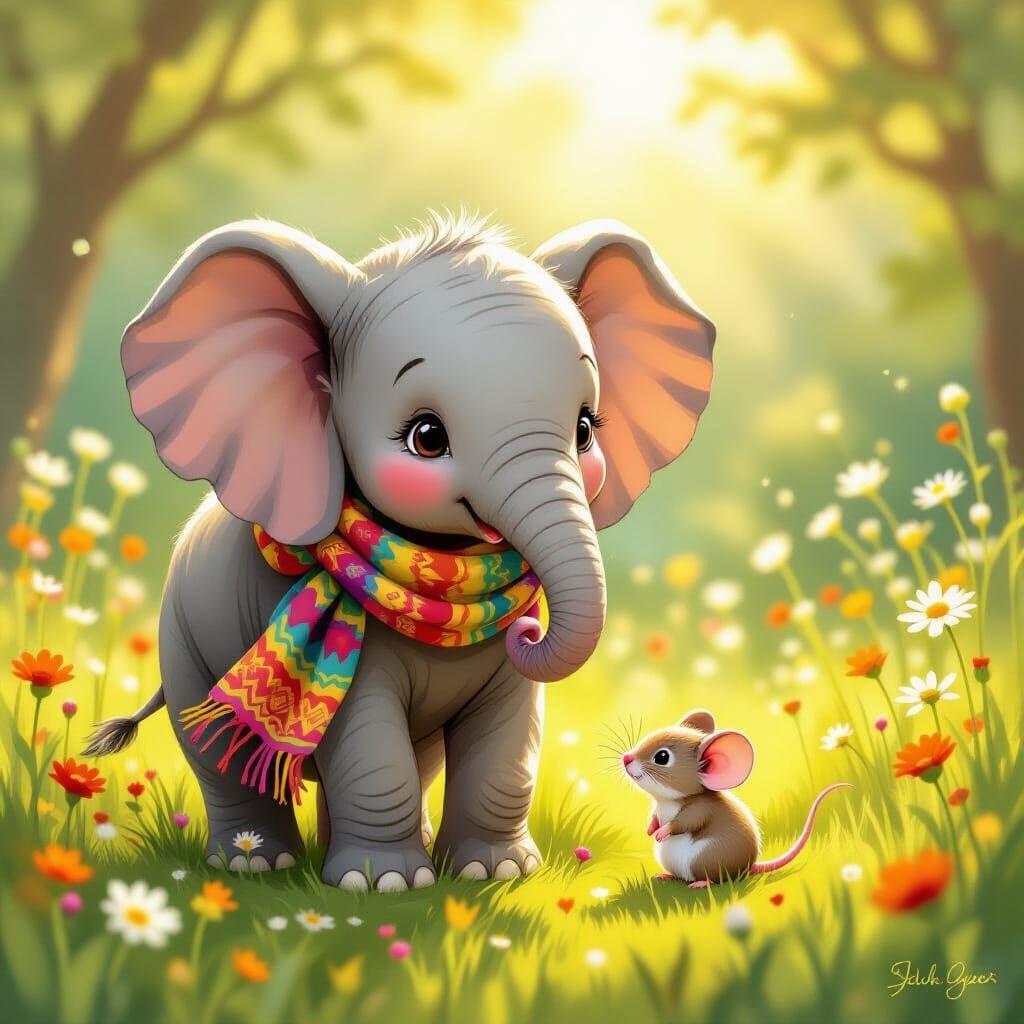 Elephant and Mouse in Sunlit Meadow, Whimsical Style