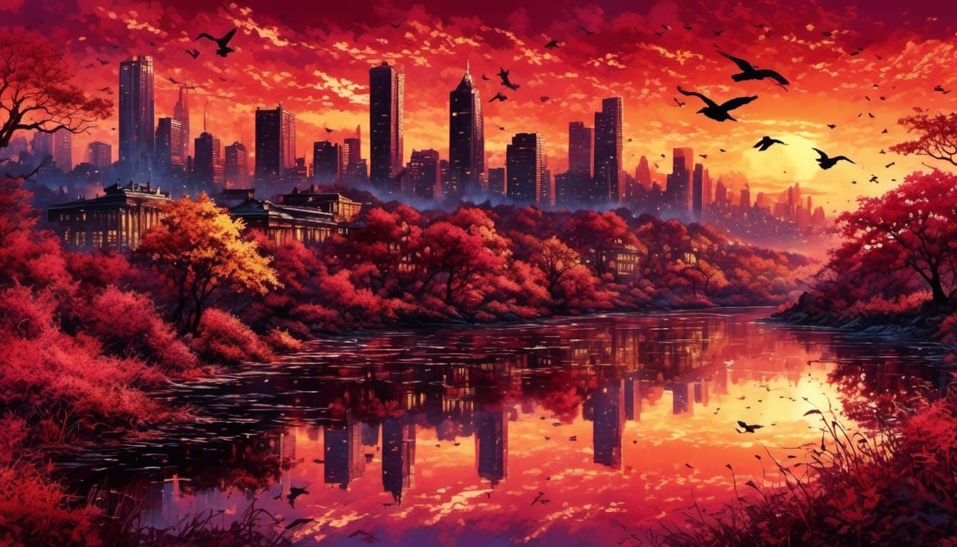 Crimson-Gold City Silhouette in Watercolor Style