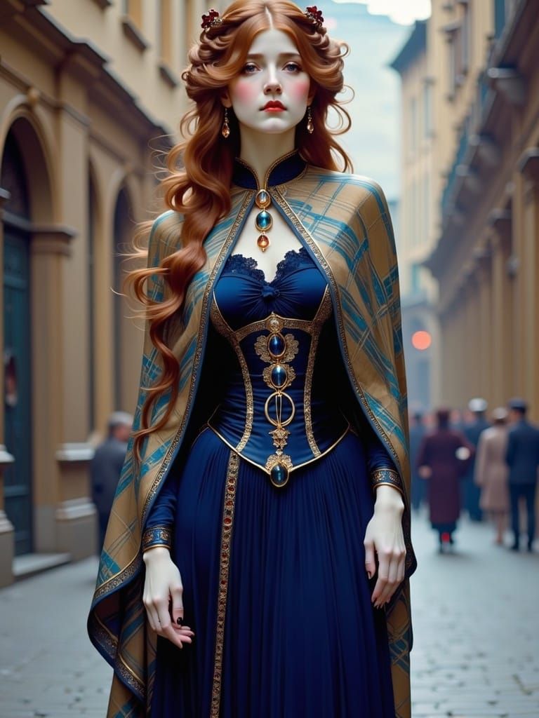 Elegant Woman in Renaissance Street, Art Nouveau Style
