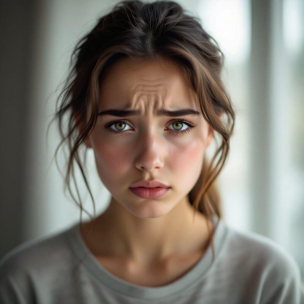 Anxious Teenager with Swollen Eyes, Photorealistic Style