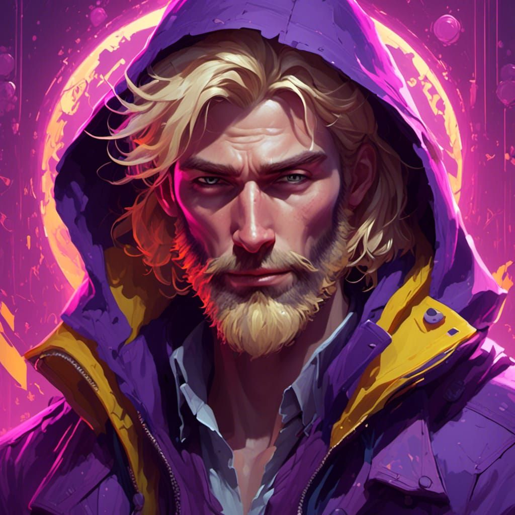 Man in Hood Surrounded by Purple Magic, Art Nouveau Style