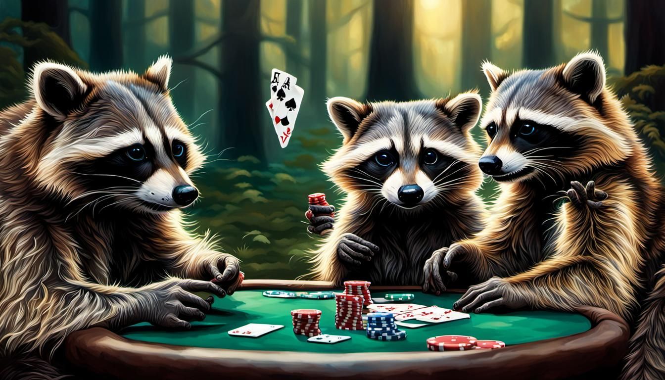 Hyperrealistic Raccoons Playing Poker in Forest