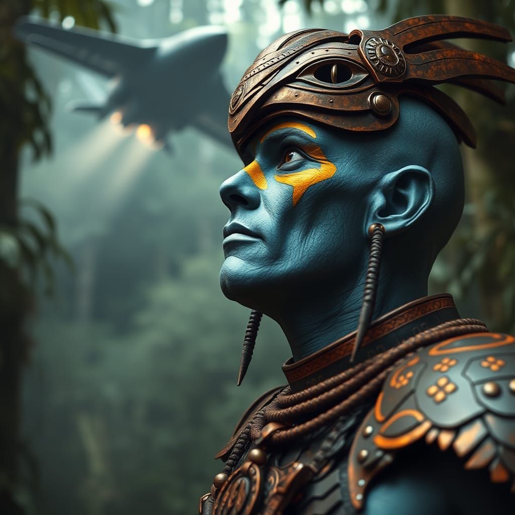 Aztec Warrior Gazing at Spaceship in Cyberpunk Style