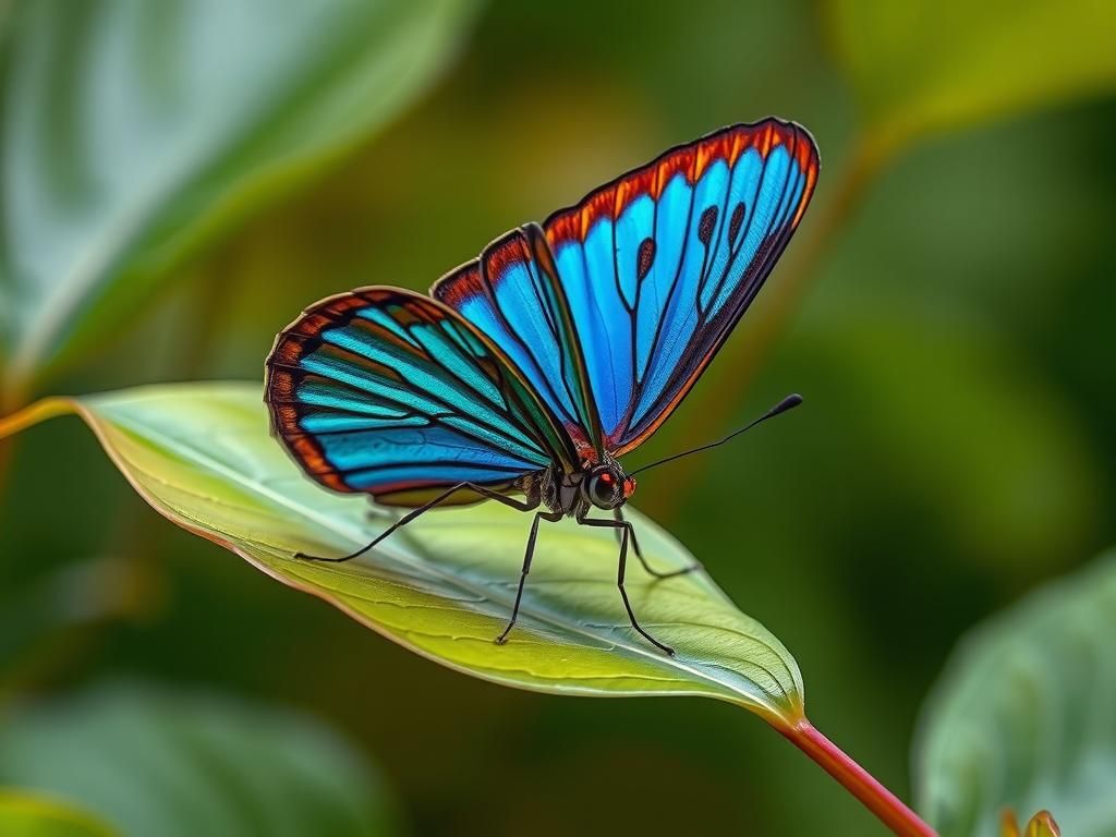 Iridescent Butterfly on Leaf, Detailed Macro Photograph