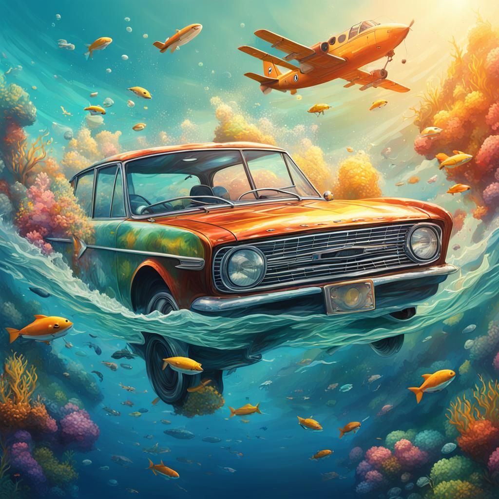 Underwater Car in Airplane: Hyperrealistic Concept Art
