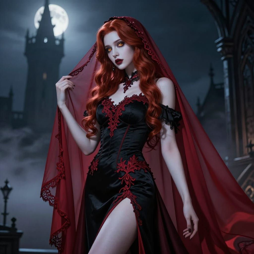 Gothic Fantasy Woman in Crimson Gown