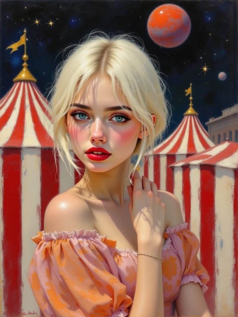 Woman Gazing Confidently Amidst Cosmic Carnival