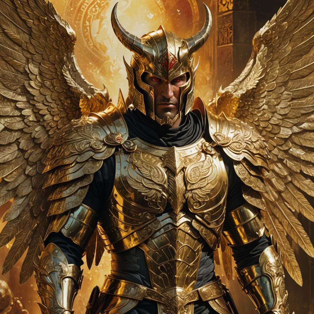 Lucifer in Golden Armor with Wings: Hyperrealistic Concept A...
