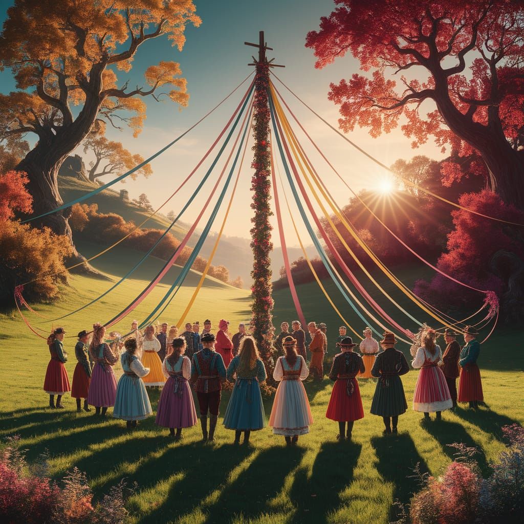 Vibrant Maypole Celebration in a Golden Sunset Meadow
