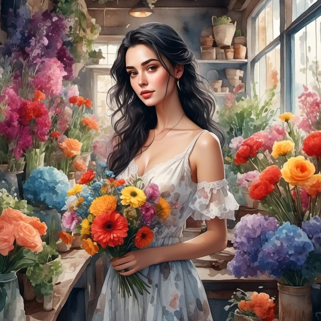 Woman with Flowers in Watercolor Painting