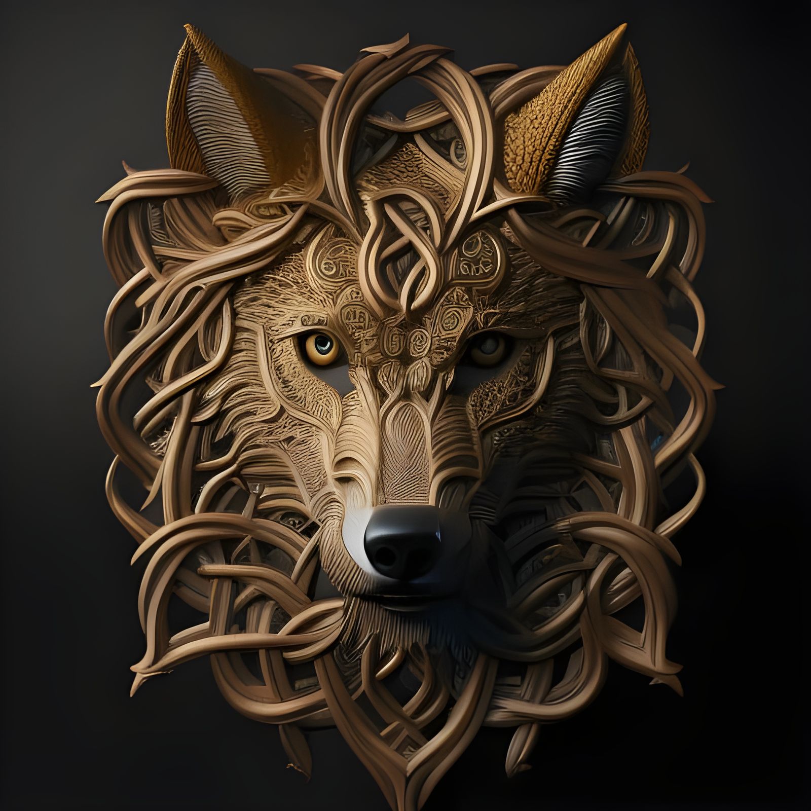 Ornate Wolf Wood Carving with Golden Vines