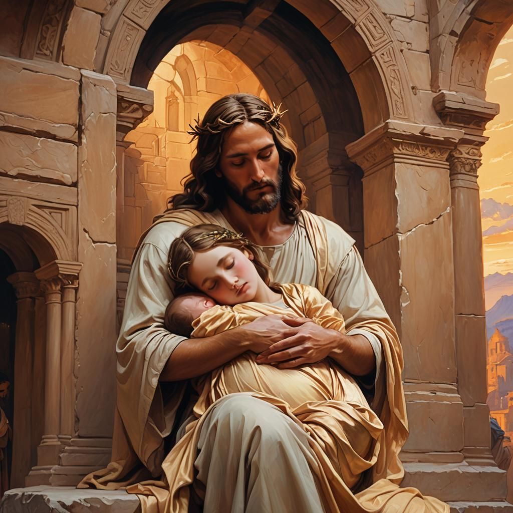 Jesus Cradling Pregnant Woman: Fantasy Oil Painting