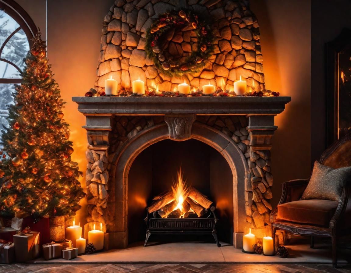Christmas Fireplace with Maximalist Flames and Decorations