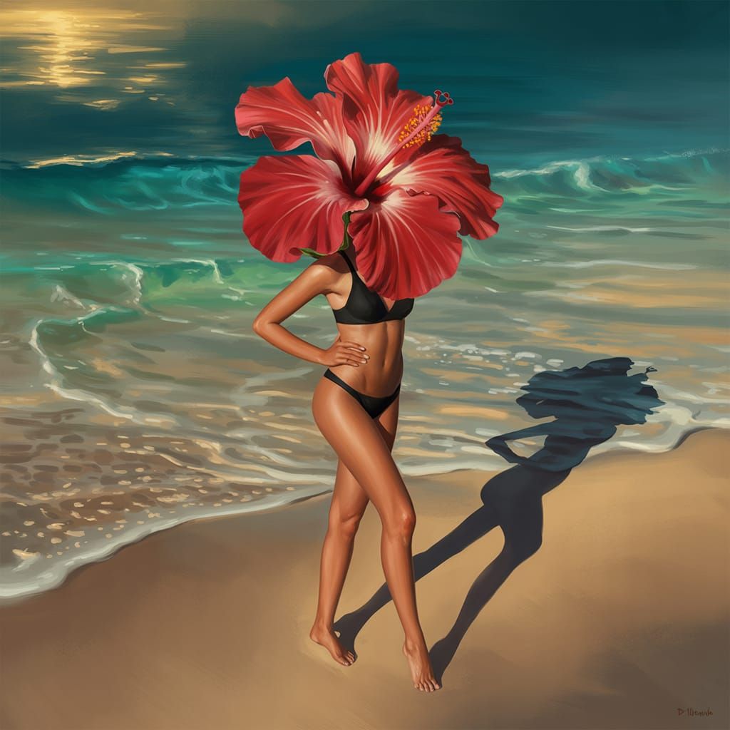 Hibiscus Woman on Beach: Surreal Digital Painting