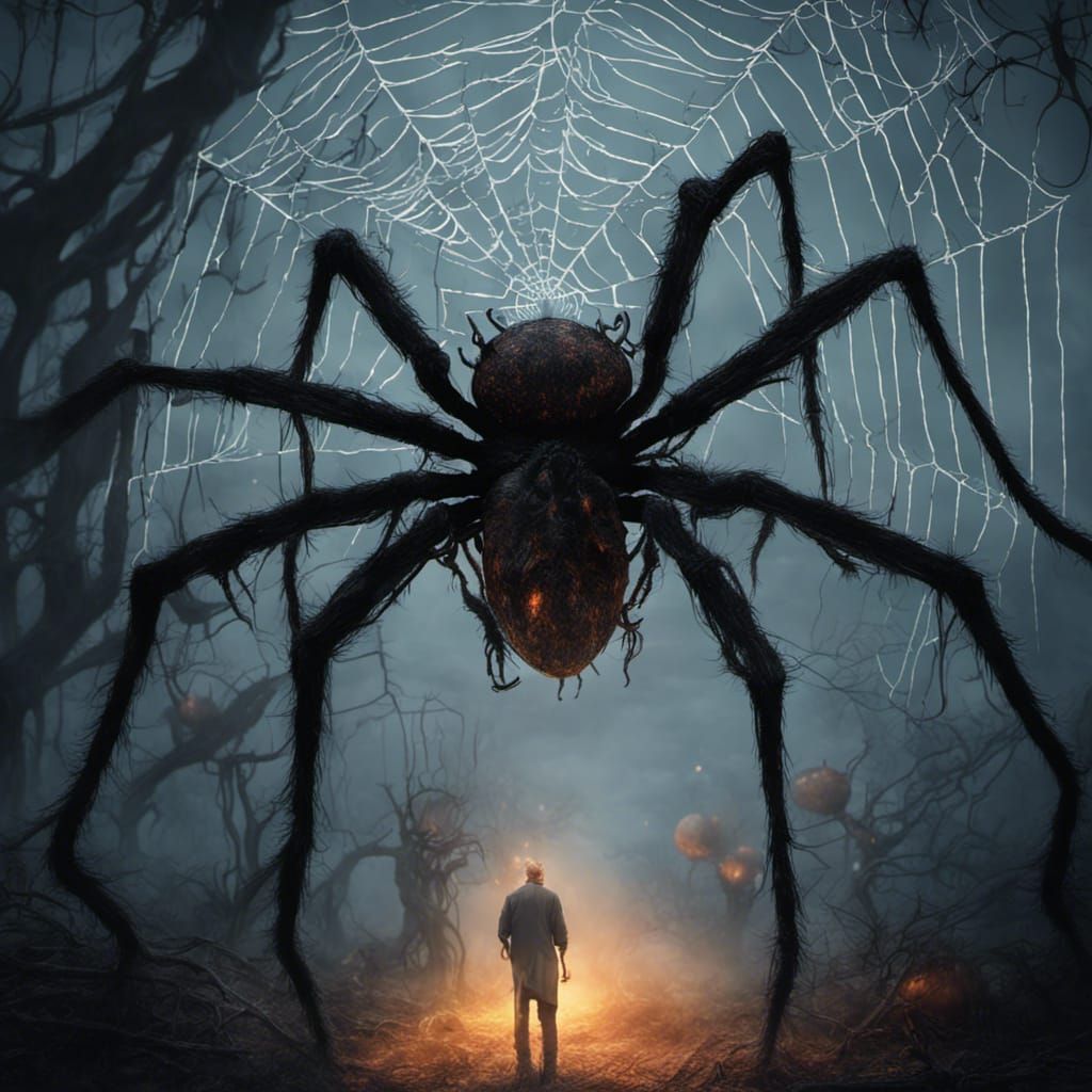 Creepy Spiders Weaving Web: Tim Burton Digital Art