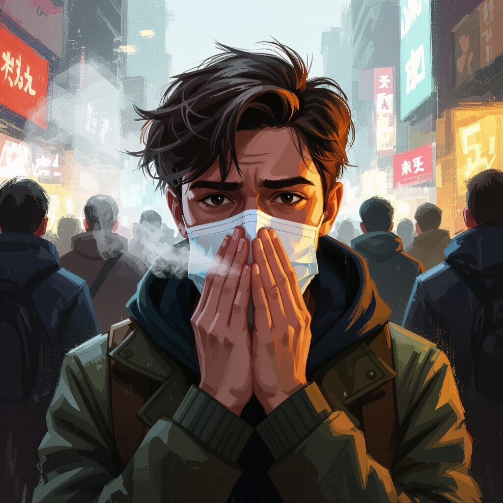 Concerned Person in Public Place with Dramatic Lighting