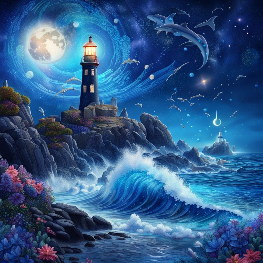 Galaxy Lit Rocky Shoreline with Blue Moon