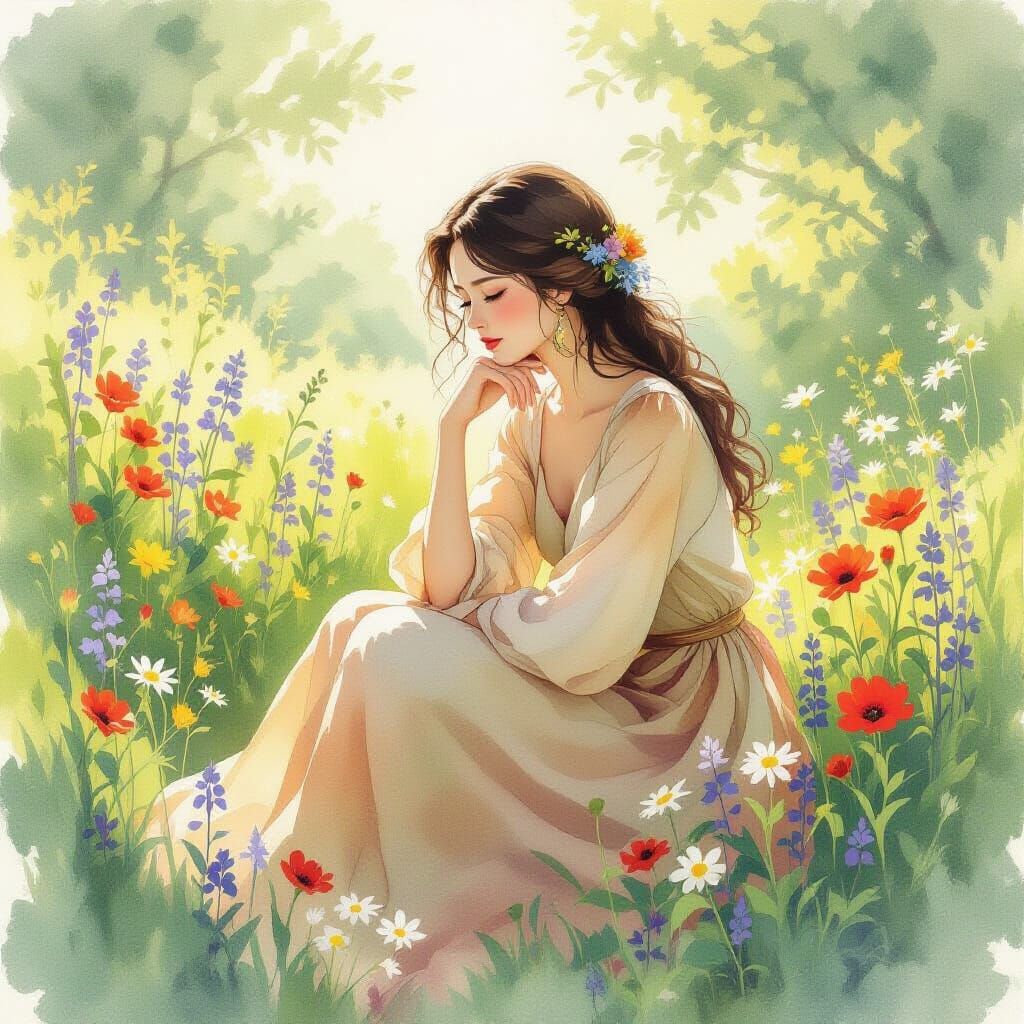 Contemplative Woman Surrounded by Nature, Watercolor Style