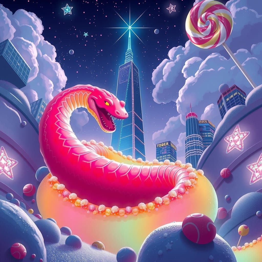 Candy Cityscape with Bioluminescent Serpent, Dreamlike Art