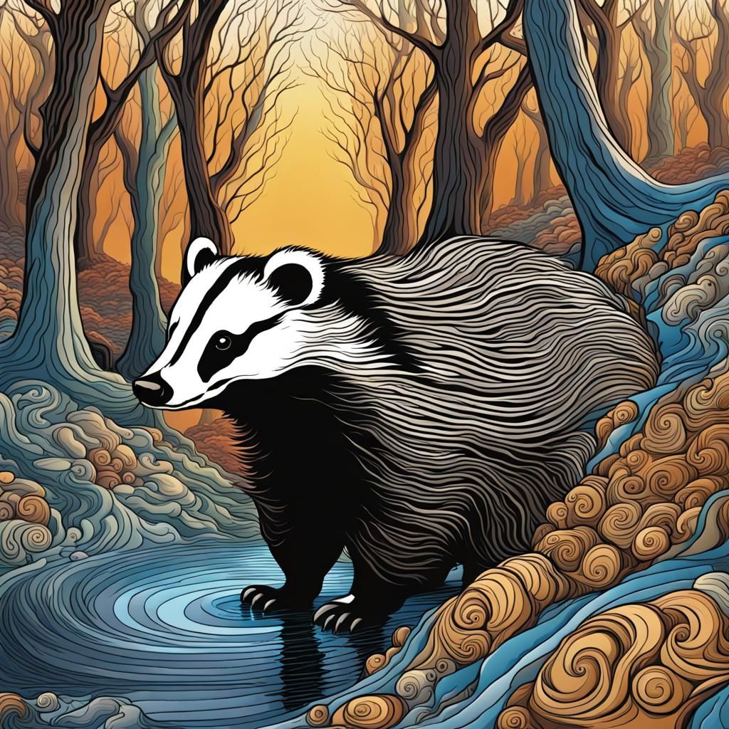 Badger in Winter Grove with Abstract Fractal Art