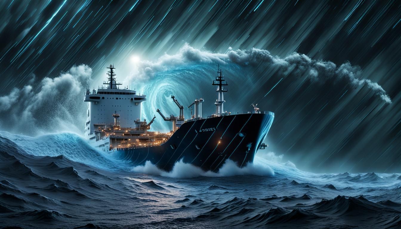 Bioluminescent Hurricane with Oil Tanker: 3D Render