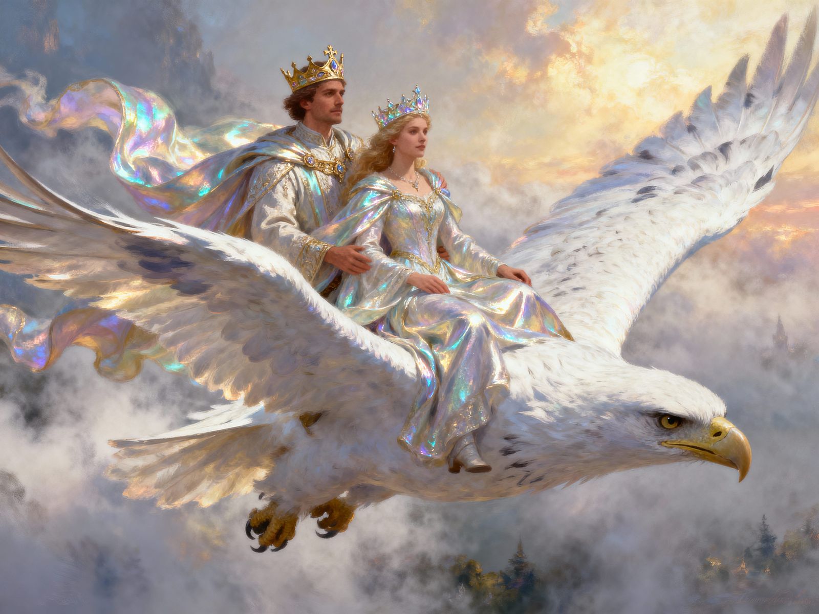 Royals Soar on Giant Eagle in Luminous Sky