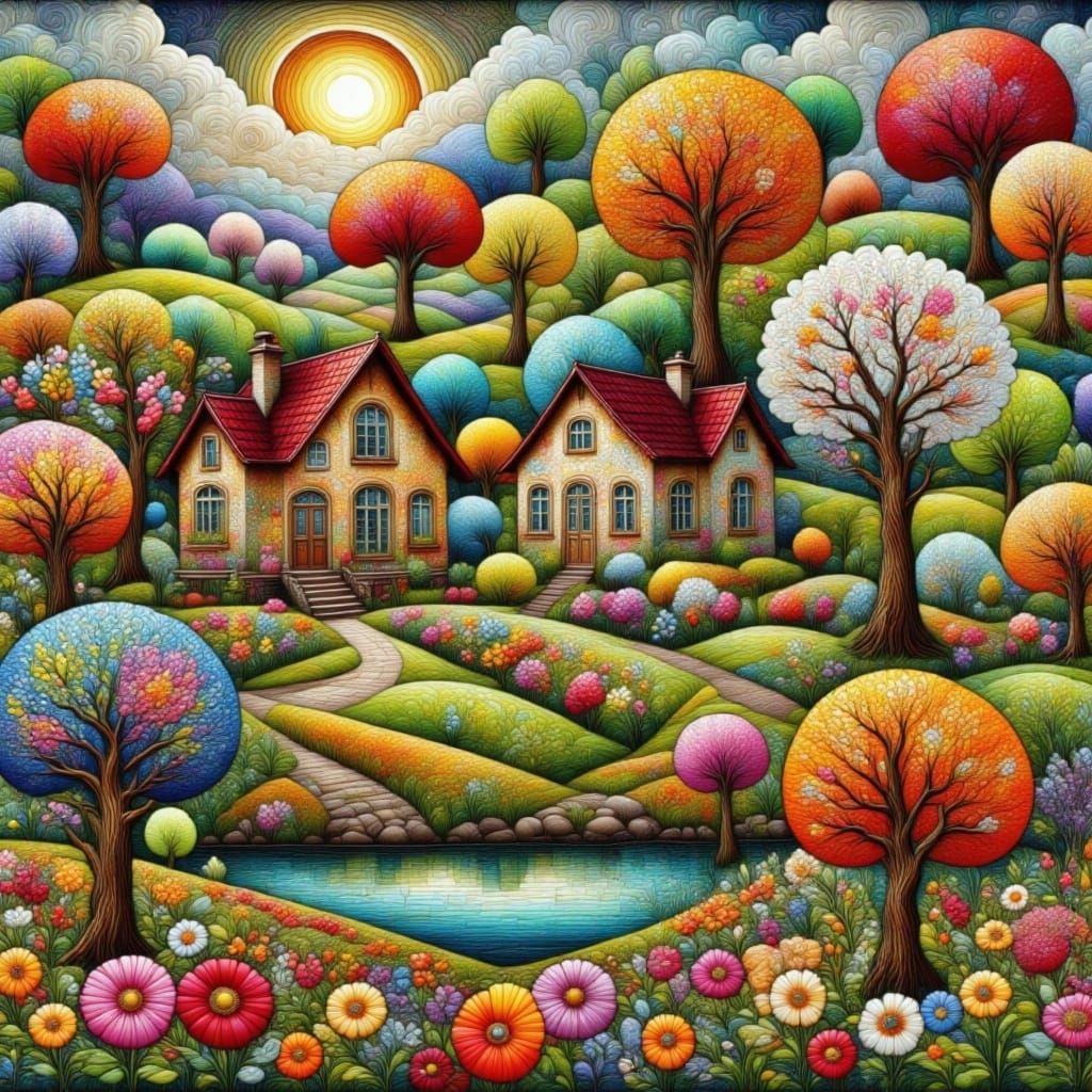 Whimsical Folk Art Collage Of Cozy Cottages On Patchwork Hil...