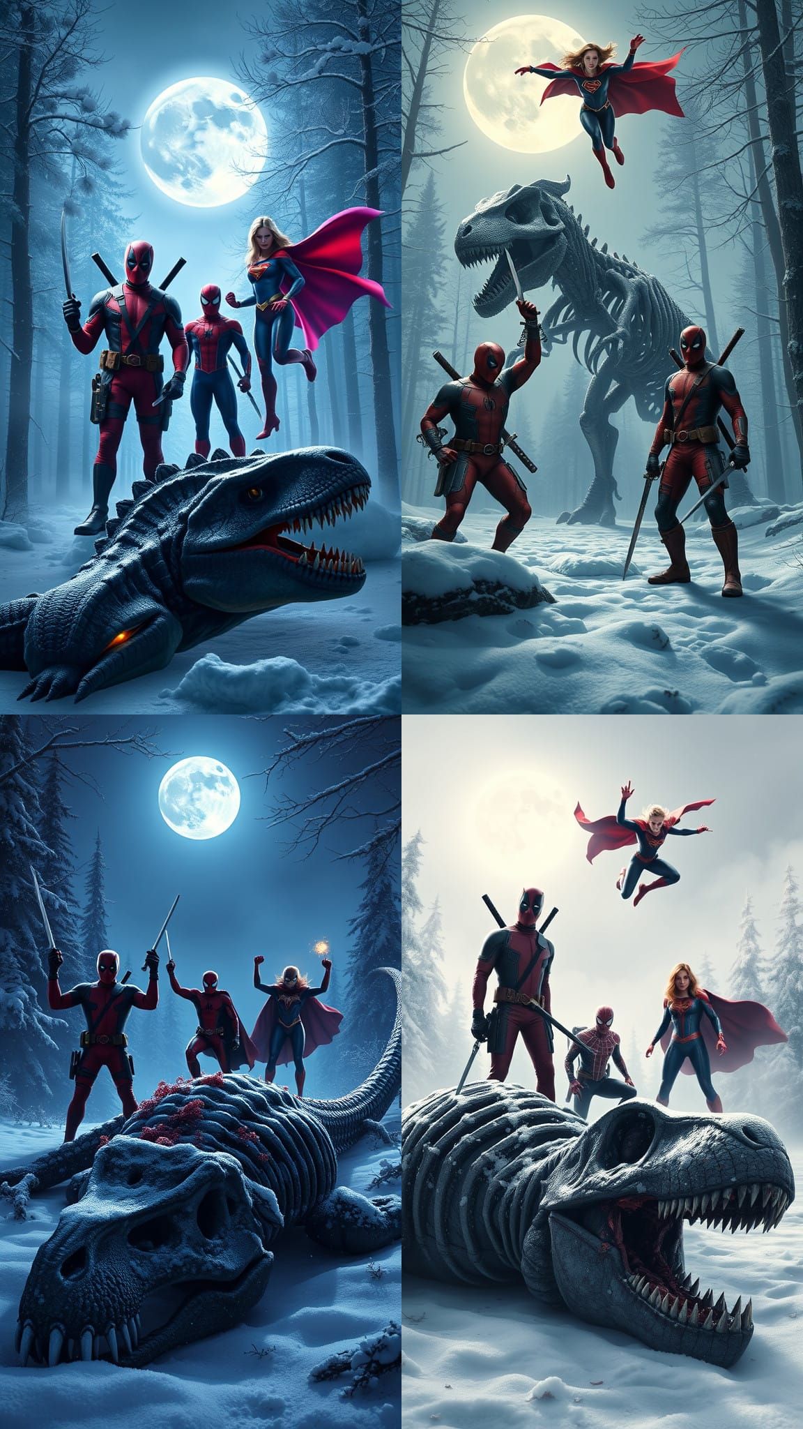 Heroes Triumph Over Zombie Dinosaur in Snowy Forest