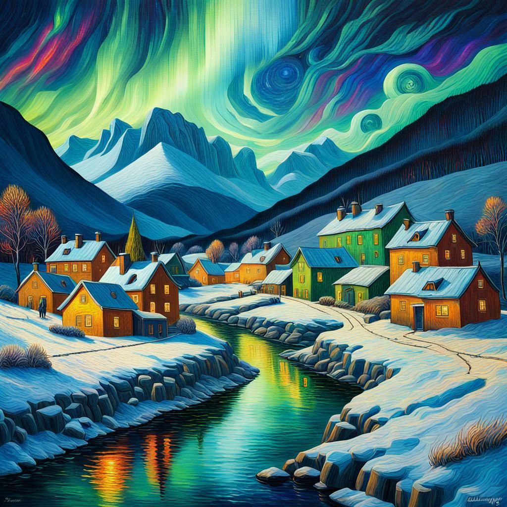 Aurora Borealis Over Village, Van Gogh Style