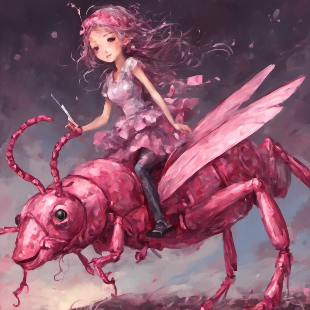 Rider on a Giant Pink Grasshopper