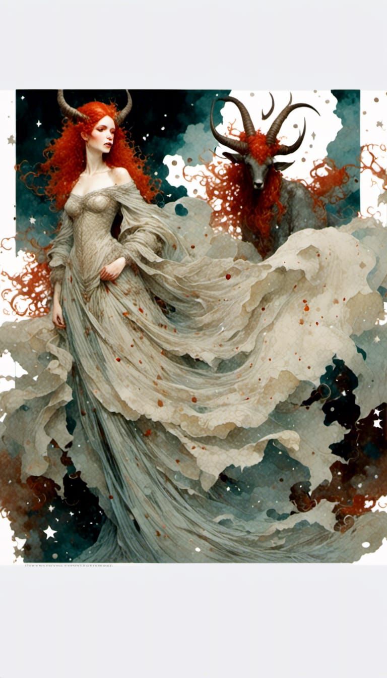 Red-Headed Horned Goddess in Storm, Digital Art