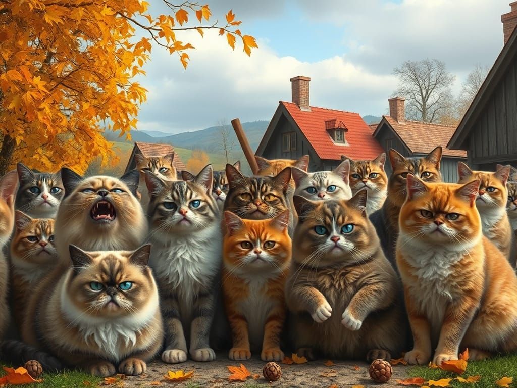 Grumpy Cats Gathering in Autumn Village