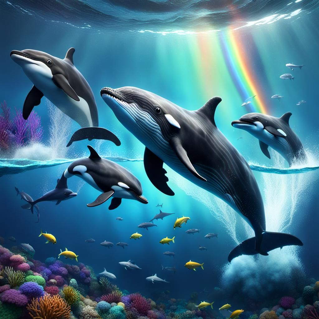 Rainbow Whale and Black Dolphin in Deep Ocean