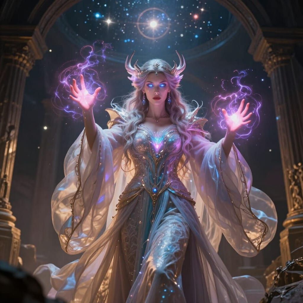 Female Sorceress Conjuring Arcane Energy in Ancient Ruins
