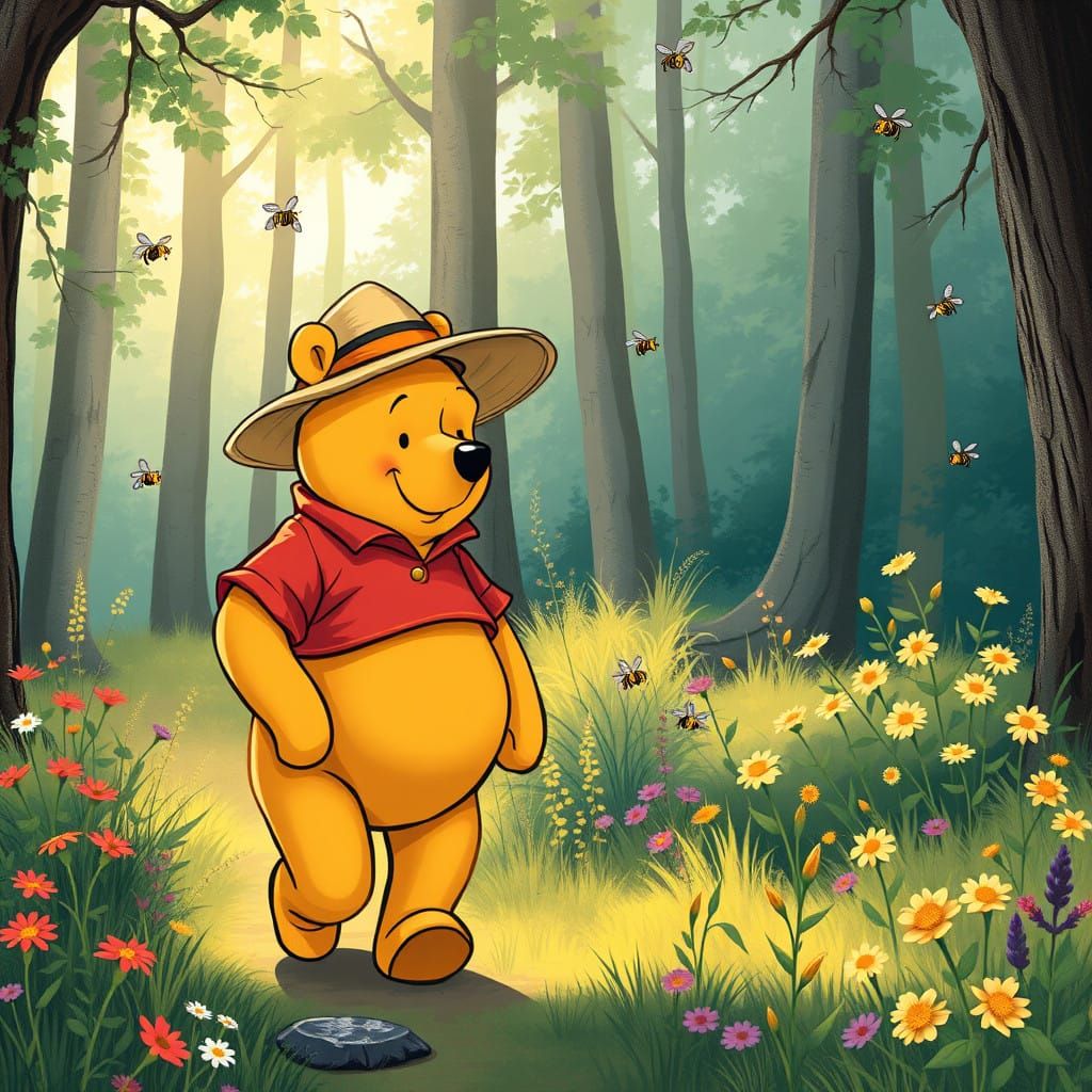 Winnie the Pooh in Whimsical Forest Landscape