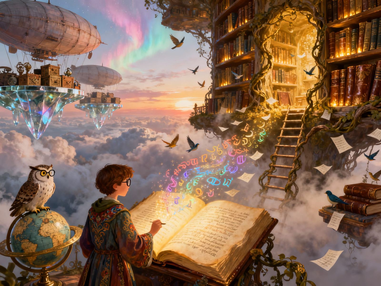 Enchanted Cloud Library with Floating Tomes and Airships