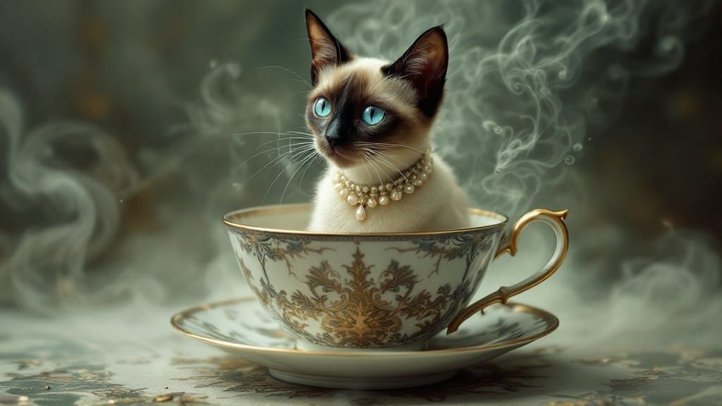 Surreal Siamese Cat Sits Regally in Victorian-Style Tea Cup....