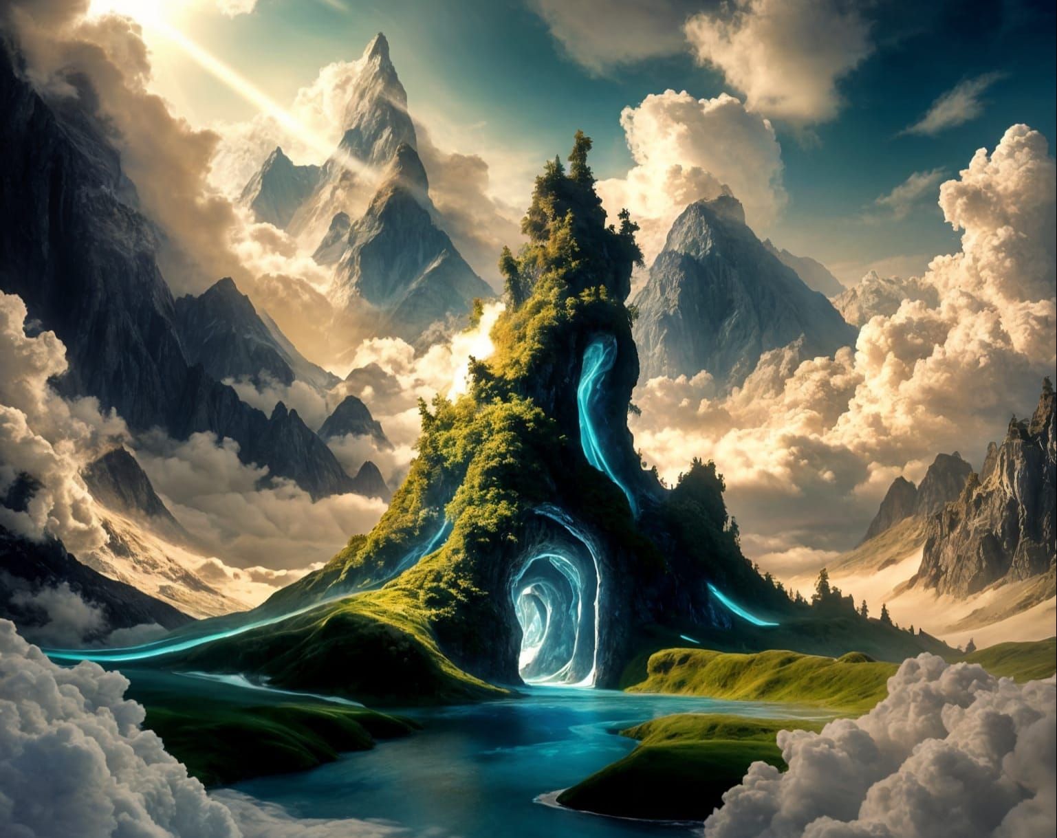 Majestic Cloud-Covered Peaks in a Teal River Landscape